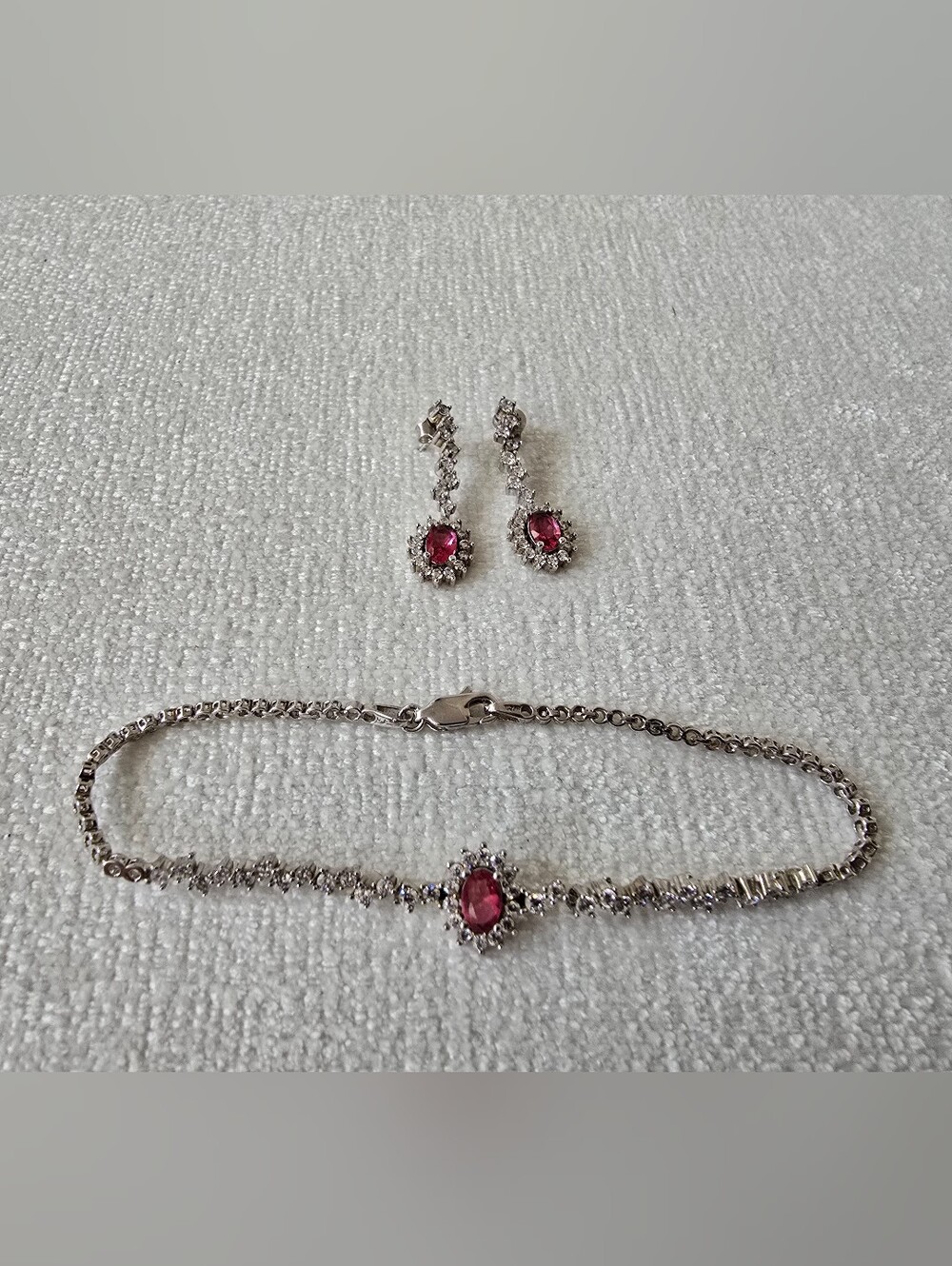 3 Pc Sterling Silver CZ Ruby Necklace, Bracelet and Drop Earring Set - Picture 6 of 9